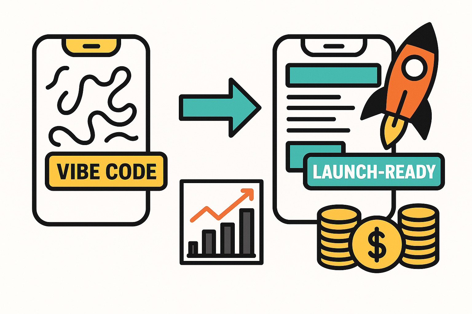 Illustration showing vibe-coded and launch-ready mobile apps with growth icons